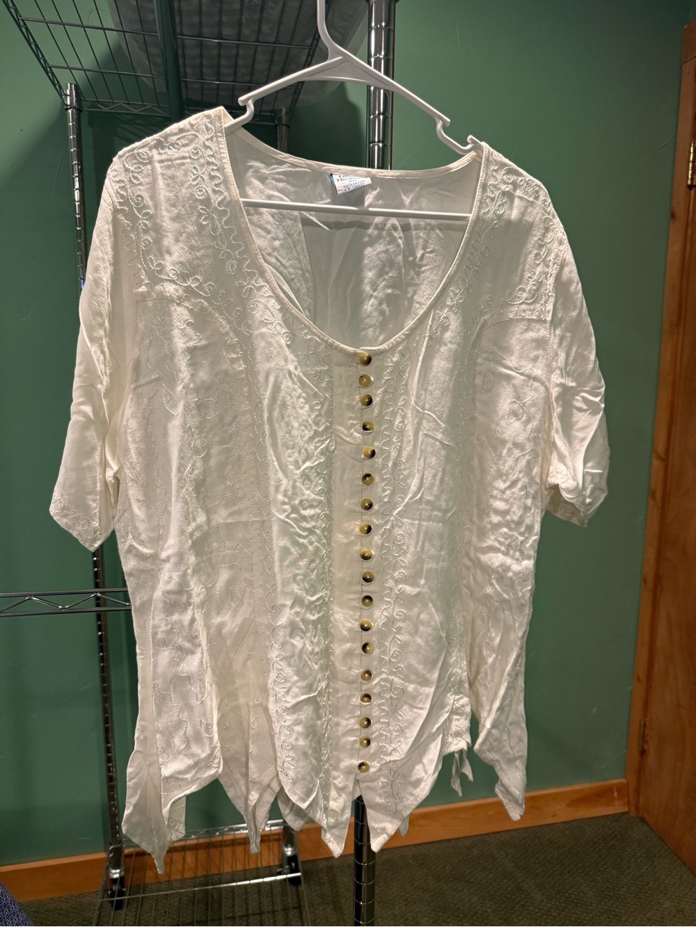 Embroidered Cream Button-Front Women's Blouse with tortoise shell color Buttons